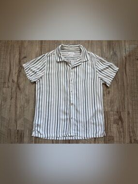 Porter & Ash linen blend Men's Short-Sleeve Vertical Stripe Shirt  White & Brown